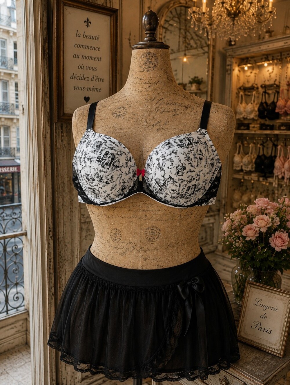 Torrid 38DD Romantic Toile Print Padded Bra Black White Red Bow